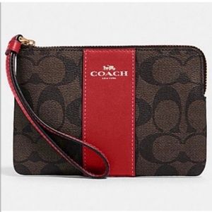 COACH Corner Zip Wristlet In Signature Canvas Brown Red Gold NWT Designer